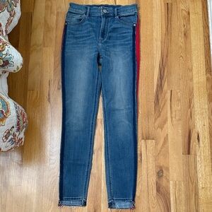 Express Blue Skinny Jeans with Red Stripes